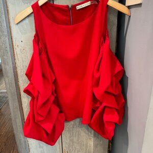 Alice & Olivia red top size 2 with bare shoulders and a bouson sleeve